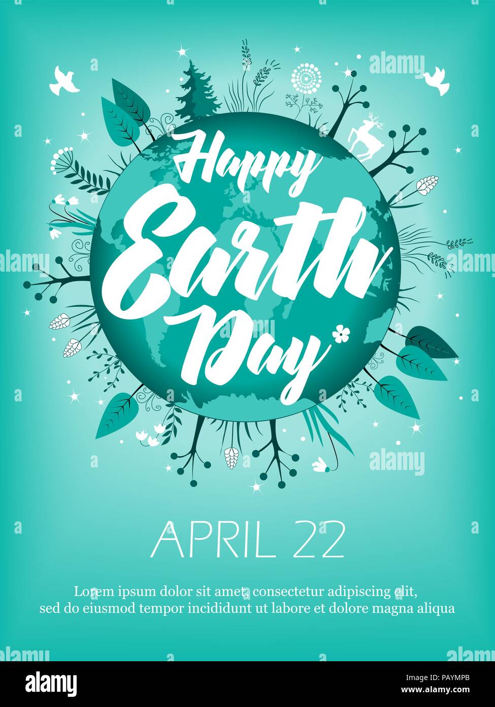 Pianeta in foglie verdi corona. Aprile 22 banner. Happy Earth Day card design. Doodle illustrazione vettoriale Illustrazione Vettoriale