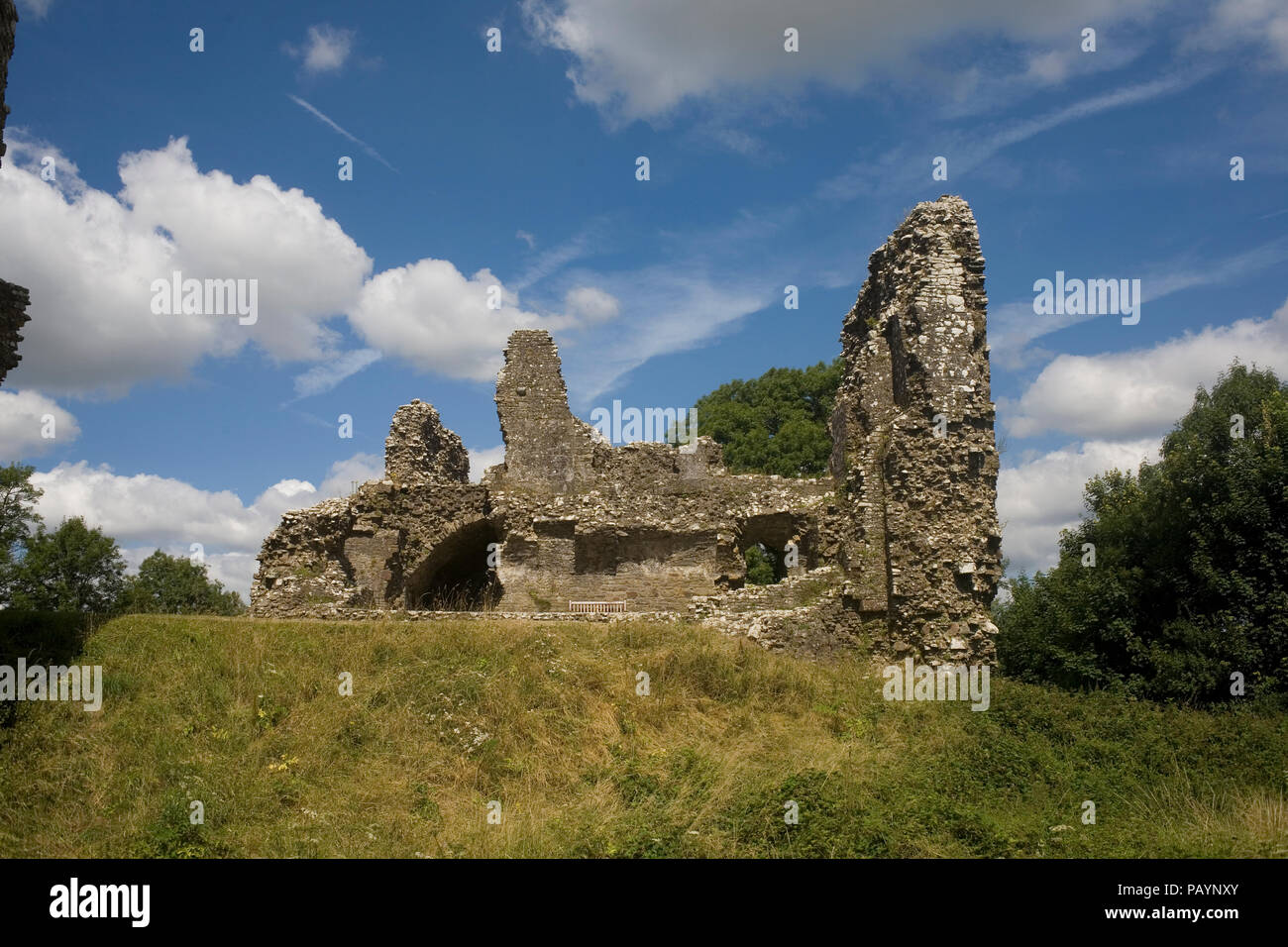 La parte est della i resti del castello di Llawhaden viste attraverso il fossato Foto Stock