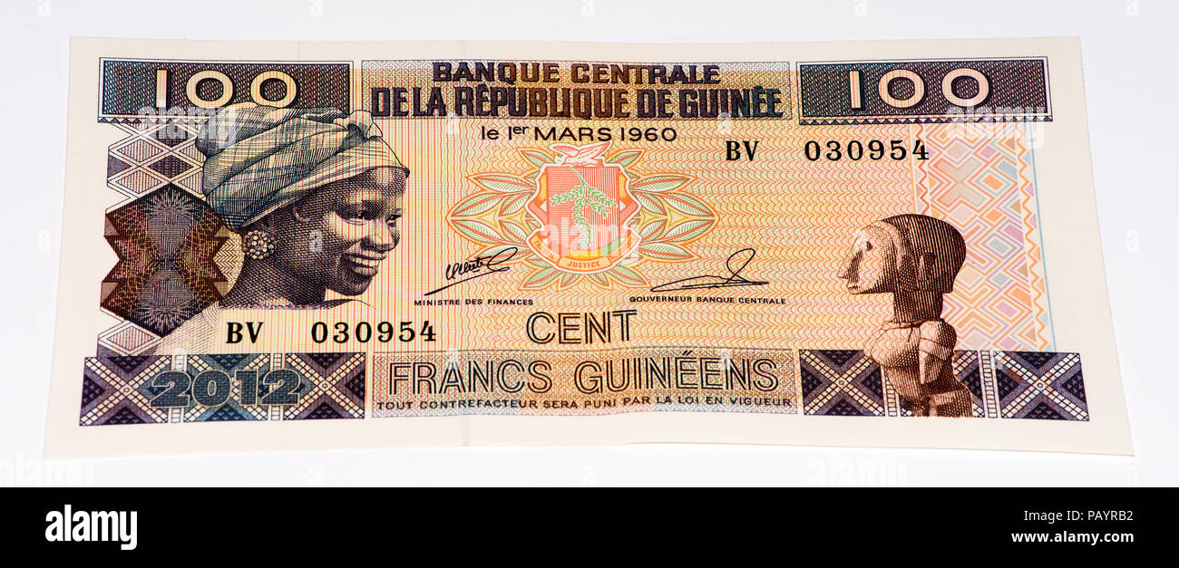 100 West African franchi nota banca di Guine Bissau. Frans è la moneta nazionale di Guine Bissau Foto Stock