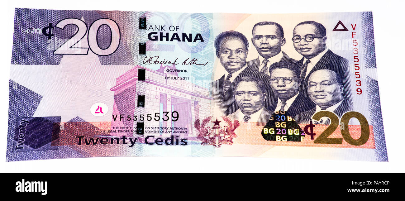 20 Ghana cedi bank nota. Il Ghana cedi è la valuta nazionale del Ghana Foto Stock