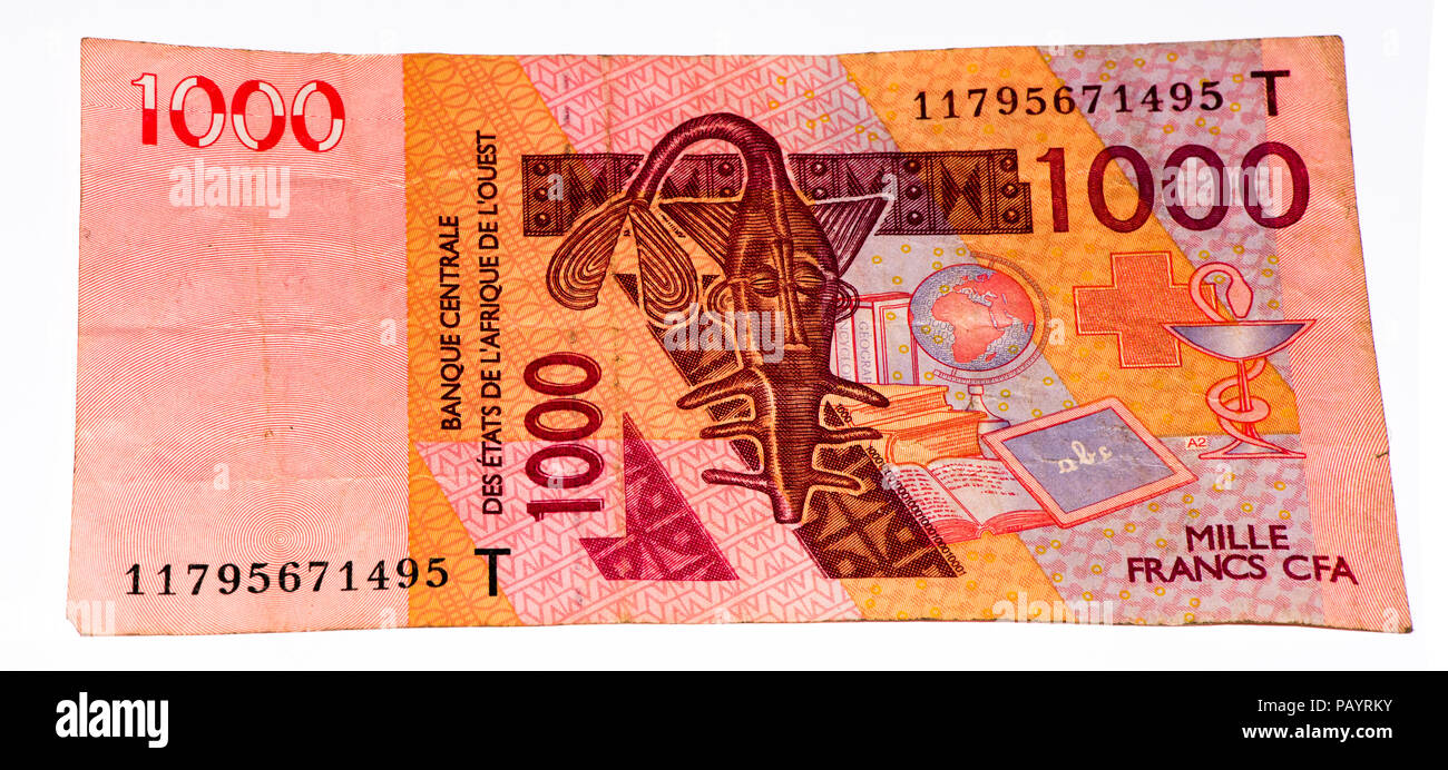 1000 Franco CFA bank nota. Franco CFA è utilizzato in 14 paesi africani. Foto Stock