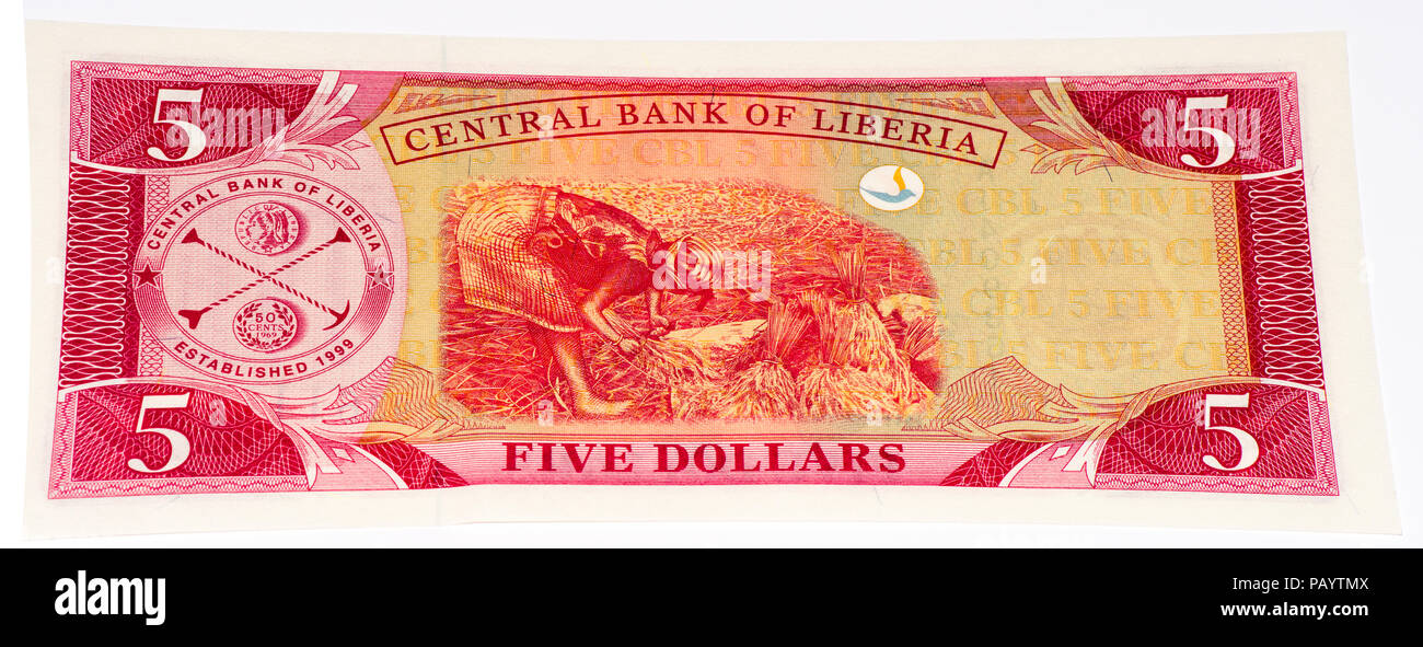 5 Dollaro liberiano bank nota. Dollaro liberiano è la moneta nazionale della Liberia Foto Stock