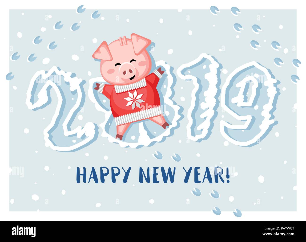 2019. Felice Anno Nuovo! Carino il maiale giacente nella neve e facendo un angelo di neve. Illustrazione Vettoriale. Illustrazione Vettoriale
