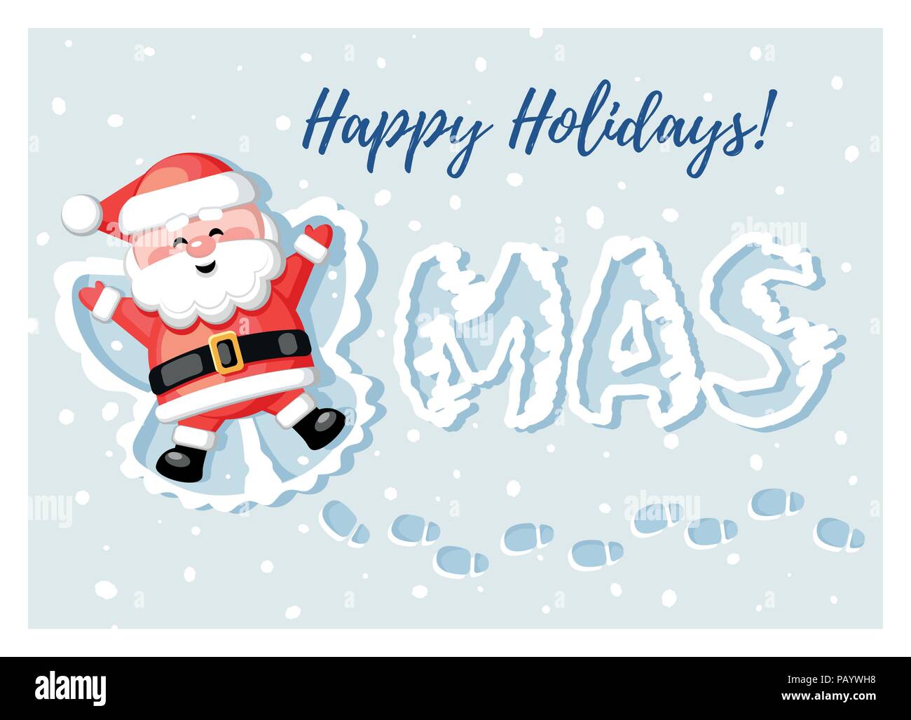 Buon Natale! Buone vacanze! Funny Santa Claus giacente nella neve e facendo un angelo di neve. Illustrazione Vettoriale. Illustrazione Vettoriale