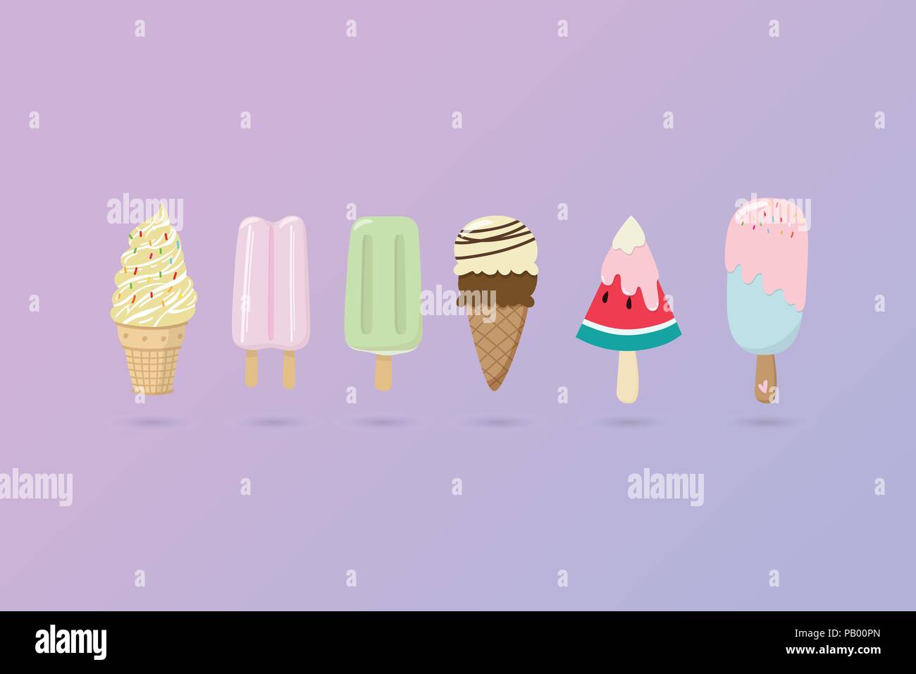 Set di vettore colorato gustosi gelati raccolta illustrazioni isolate su pastello lilla Illustrazione Vettoriale