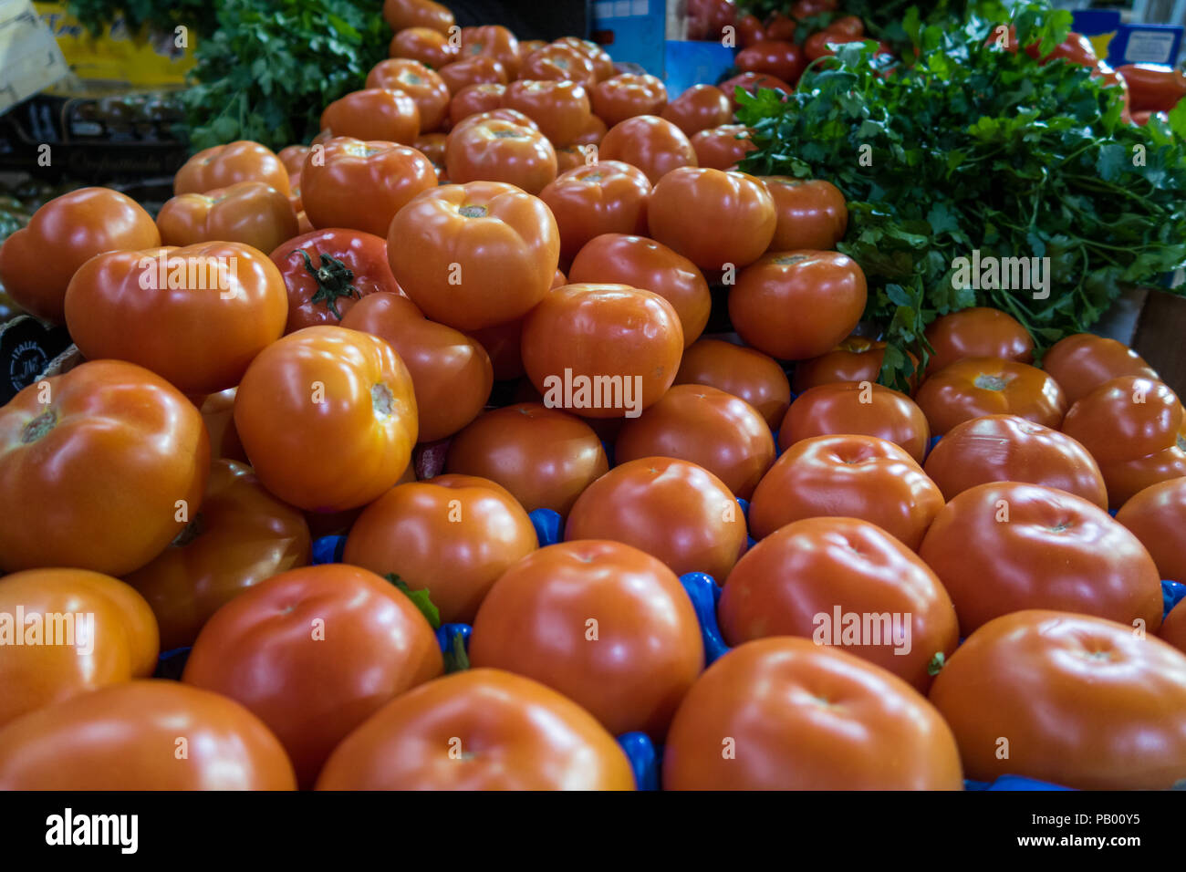 Carni bovine i pomodori in London Borough Market, REGNO UNITO Foto Stock