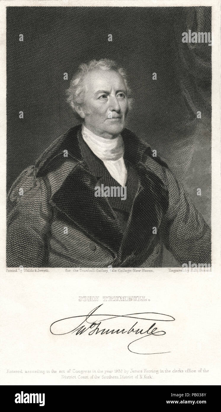 John Trumbull (1756-1843), artista americano durante la guerra rivoluzionaria americana notevole per i suoi dipinti storici, incisione di A.B. Durand, 1833 Foto Stock