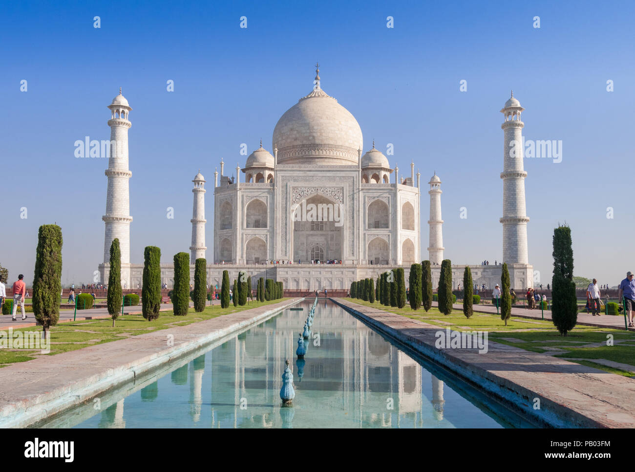 Taj Mahal di prima mattina con piscina riflessione Agra India Foto Stock