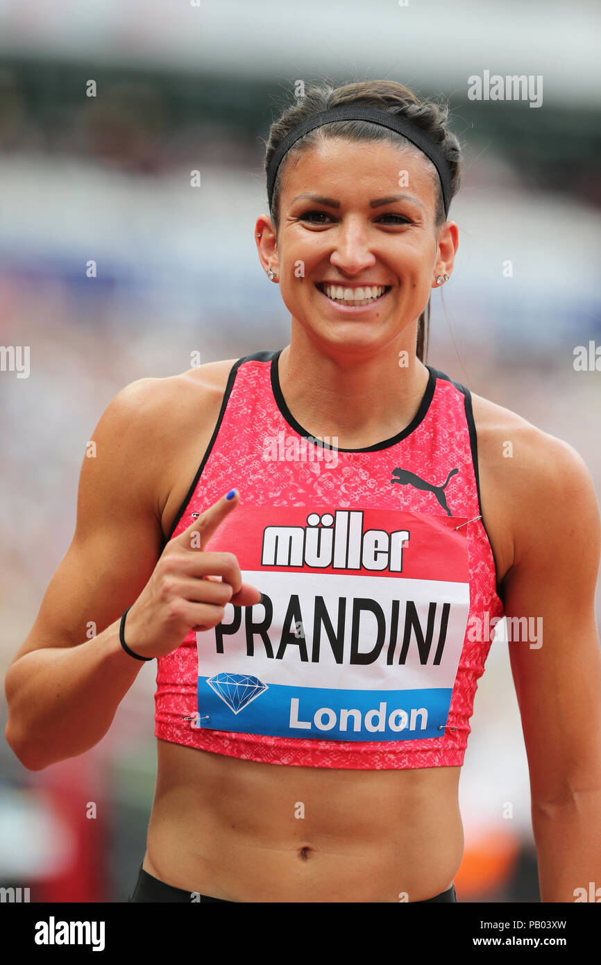 Jenna PRANDINI (Stati Uniti d'America) celebrando la vittoria in campo femminile 200m Finale al 2018, IAAF Diamond League, Anniversario Giochi, Queen Elizabeth Olympic Park, Stratford, Londra, Regno Unito. Foto Stock