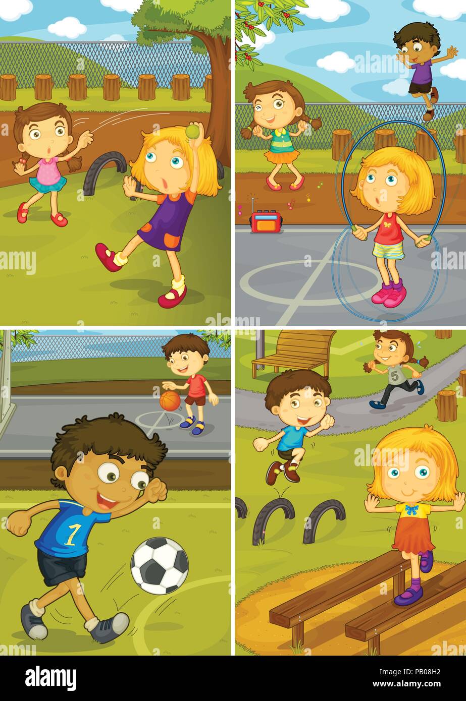 Un insieme di attività i bambini al parco giochi illustrazione Illustrazione Vettoriale