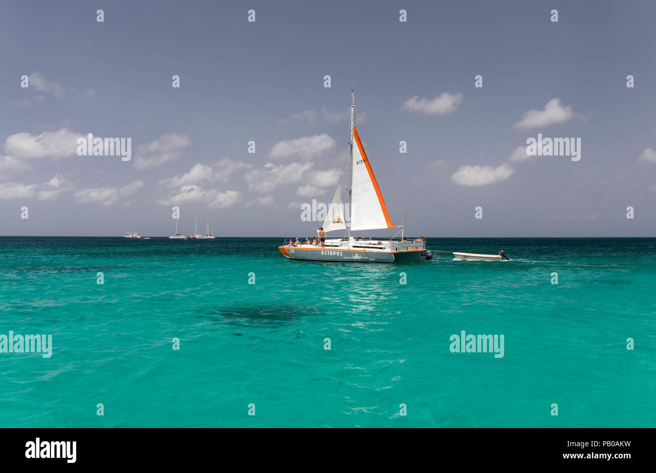 Un catamarano a vela nel mare dei Caraibi, Palm Beach, Aruba Foto Stock