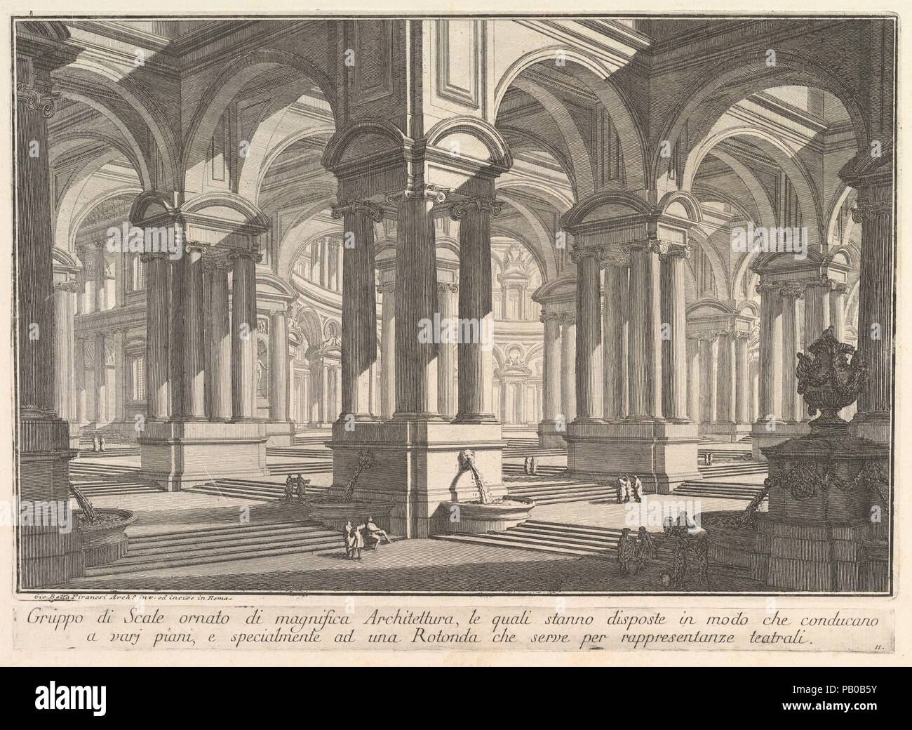 Scale adornato da magnifica architettura . . . (Gruppo di scala ornato di magnifica architettura . . .). Artista: Giovanni Battista Piranesi (italiano, Mogliano Veneto Roma 1720-1778). Dimensioni: piastra (immagine): 9 5/8 × 14 9/16 in. (24,5 × 37 cm) piastra (Iscrizione): 11/16 × 14 7/16 in. (1,8 × 36,6 cm) foglio: 13 1/4 × 19 1/2 in. (33,7 × 49,5 cm). Serie/Portfolio: prima parte di Architettura, e prospettive (parte uno di architettura e prospettive). Data: ca. 1750. Museo: Metropolitan Museum of Art di New York, Stati Uniti d'America. Foto Stock