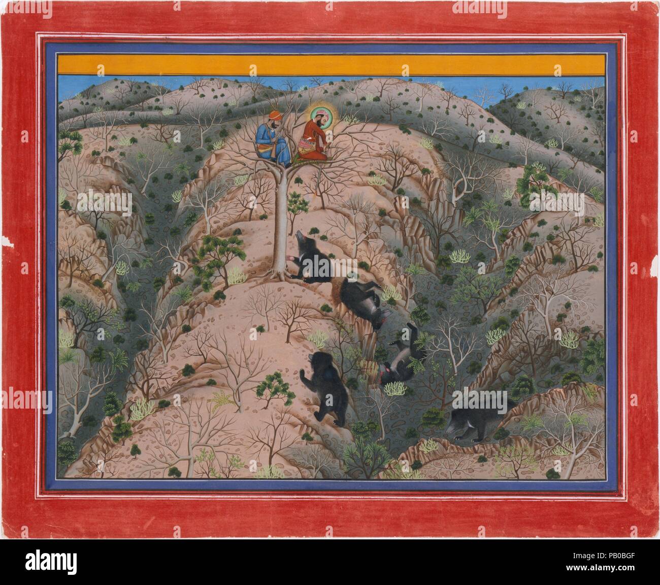 Maharaja Fateh Singh caccia orsi femmina. Artista: attribuito a Pannalai. Cultura: India Occidentale, Rajasthan, Udaipur. Dimensioni: Immagine: 13 3/8 x 18 1/4 in. (34 x 46,4 cm); pagina: 21 7/8 x 17 15/16 in. (55,6 x 45,6 cm). Data: datata 1917. La tradizione della pittura di Stato principesco di Mewar in Rajasthan, rimasta vitale anche nella prima parte del ventesimo secolo. Caccia e palazzo scene sono state ancora più popolari soggetti, ma gli artisti hanno iniziato ad impiegare più di ombreggiatura e prospettiva, probabilmente in risposta alla crescente presenza di fotografia alla corte. Numerose scene di caccia sono stati dolore Foto Stock