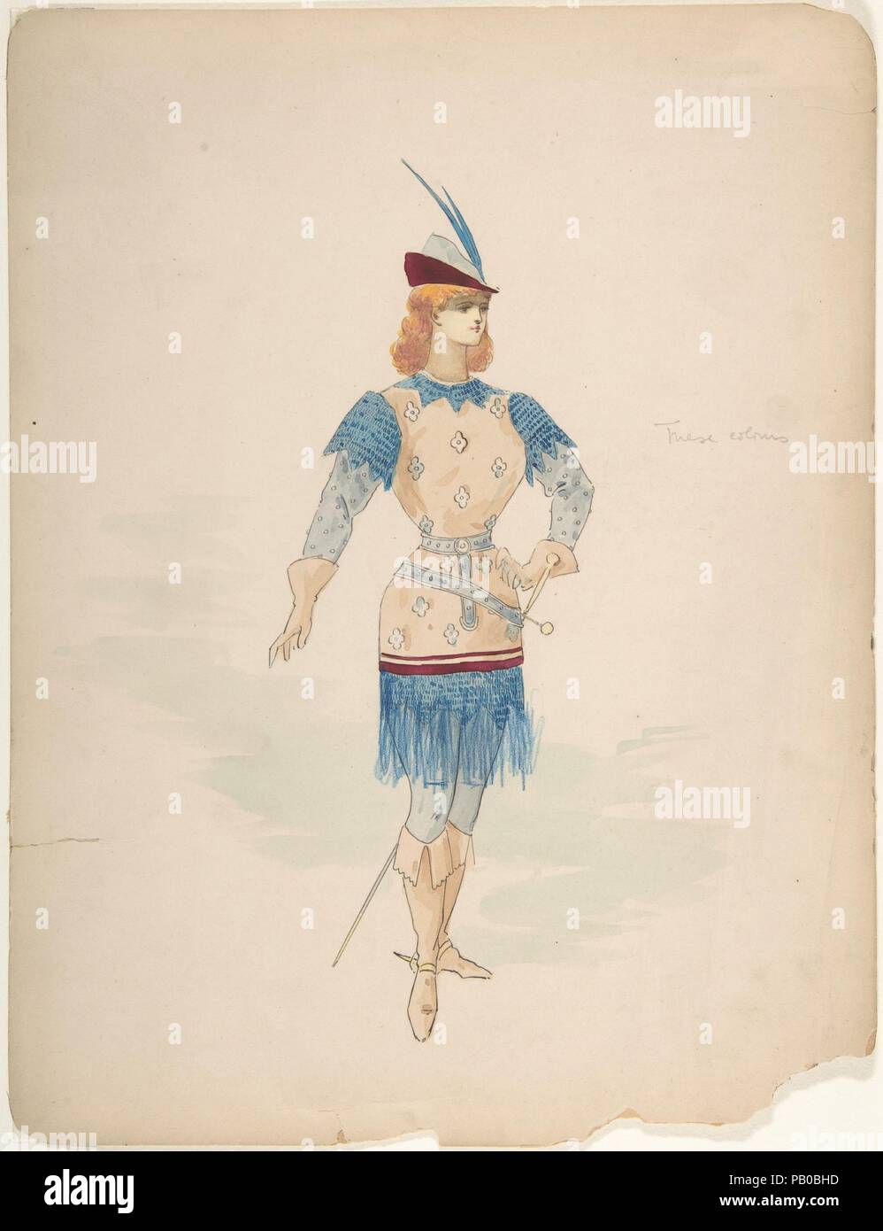 Costume Design per un Cavalier (?) in blu e rosso borgogna con cappello piumato e spada. Artista: Charles Bianchini (francese, Lione 1860-1905 Paris). Dimensioni: 12 5/16 x 9 7/16 in. (31,3 x 24,0 cm). Data: n.d.. Museo: Metropolitan Museum of Art di New York, Stati Uniti d'America. Foto Stock