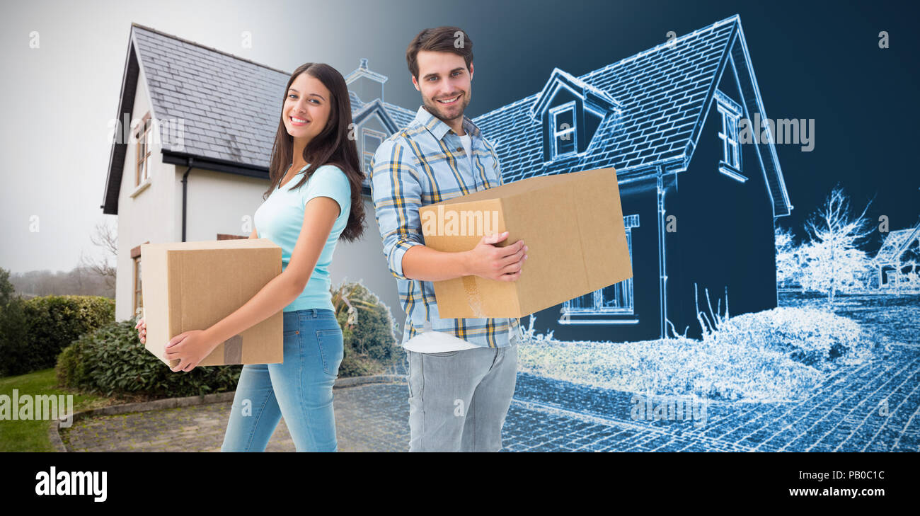 Immagine composita di felice coppia giovane con contenitori per il trasloco Foto Stock