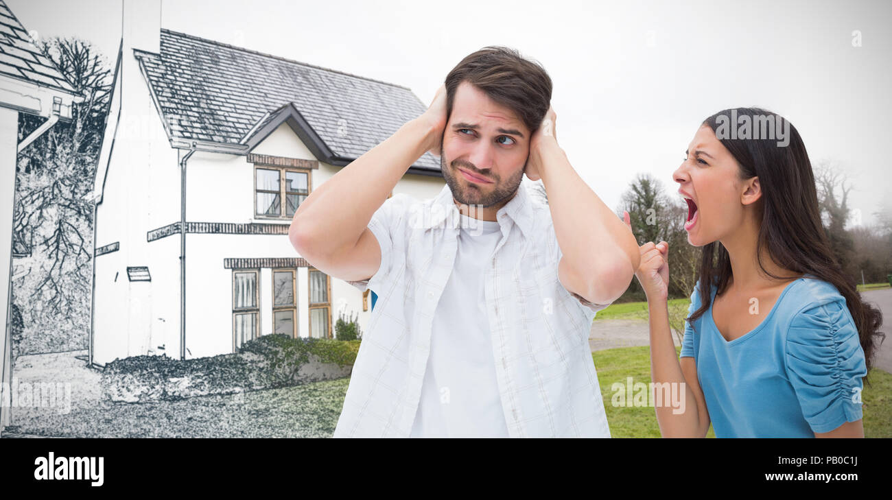 Immagine composita di bruna arrabbiato grida al ragazzo Foto Stock