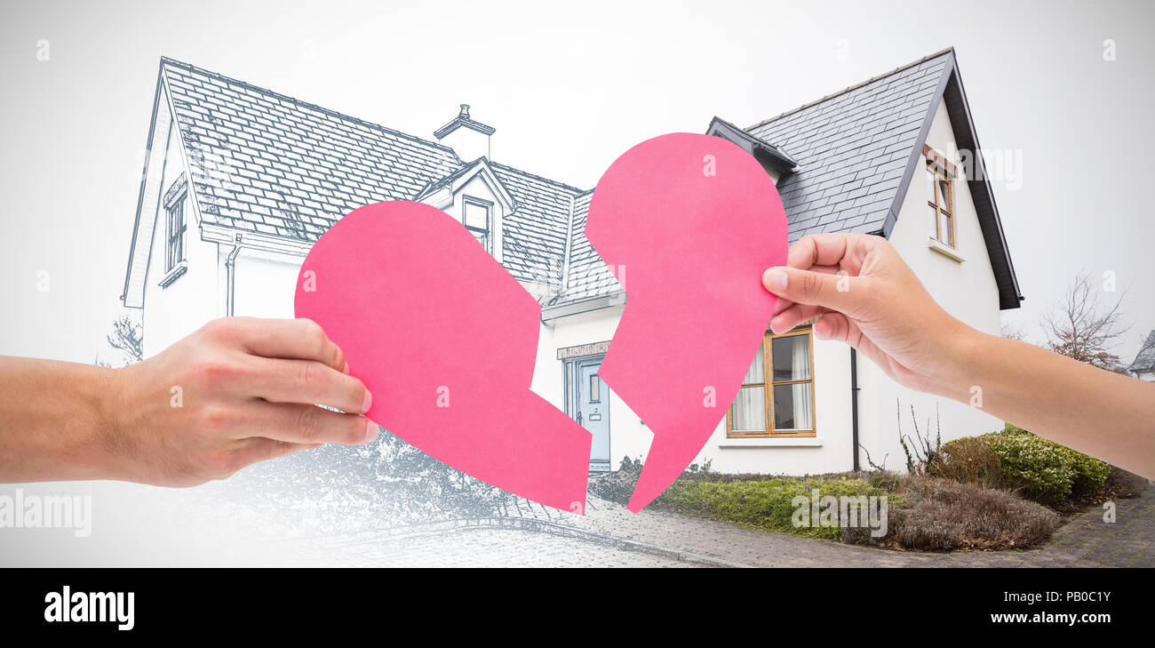 Immagine composita di mani due metà del cuore spezzato Foto Stock