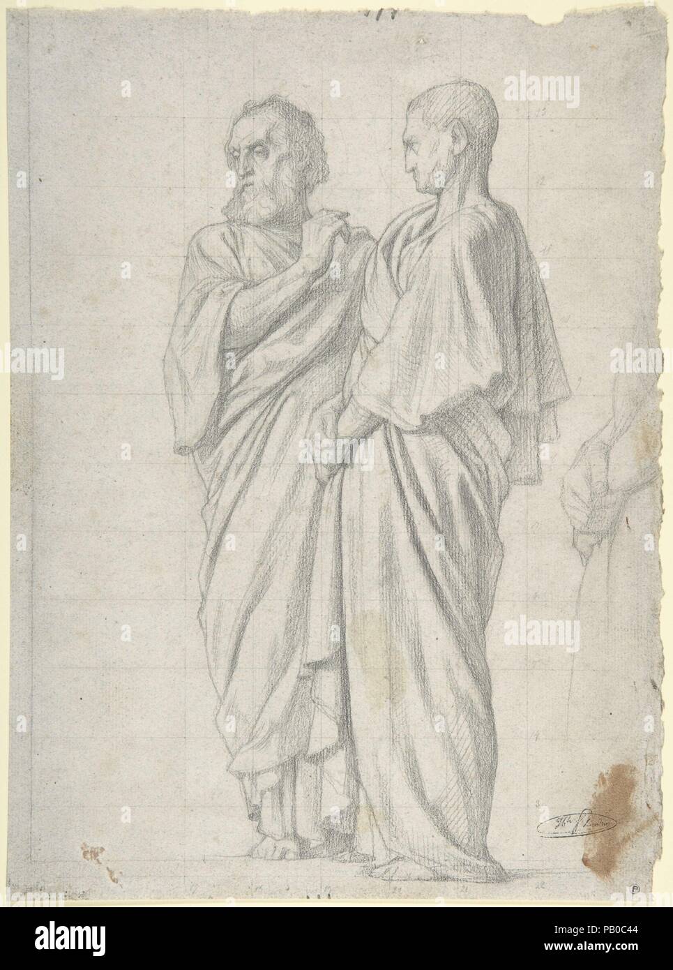 Gruppo degli Apostoli. Dimensioni: 12 1/16 x 8 7/8 in. (30.6 x 22.6cm). Relatore per parere: Hippolyte Flandrin (francese, Lione 1809-1864 Roma). Data: 1854-61. In questo studio, Flandrin opere fuori il posizionamento dei due apostoli--reprising mani giunte della figura di profilo a destra--in preparazione per un murale intitolato La missione degli apostoli nella navata della chiesa di Saint Germain-des-Près, Parigi. La numerazione della griglia lungo il bordo inferiore di diciassette a ventidue suggerisce come questo studio allineato con gli altri nella composizione murale. L'artista completato Ottantacinque quadri in tutto il Foto Stock