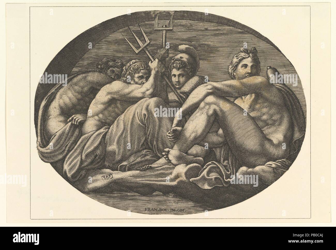 Plutone, Nettuno, Minerva e Apollo da una serie di otto composizioni dopo Francesco Primaticcio i progetti per il soffitto della galleria di Ulisse (distrutto 1738-39) a Fontainebleau. Artista: Dopo Francesco Primaticcio (italiano, Bologna 1504/5-1570 Parigi); Giorgio Ghisi (italiano, Mantova ca. 1520-1582 Mantova). Dimensioni: foglio: 6 15/16 x 9 1/4 in. (17,7 x 23,5 cm) tagliata a forma ovale e stabilite. Data: 1560 s. Museo: Metropolitan Museum of Art di New York, Stati Uniti d'America. Foto Stock