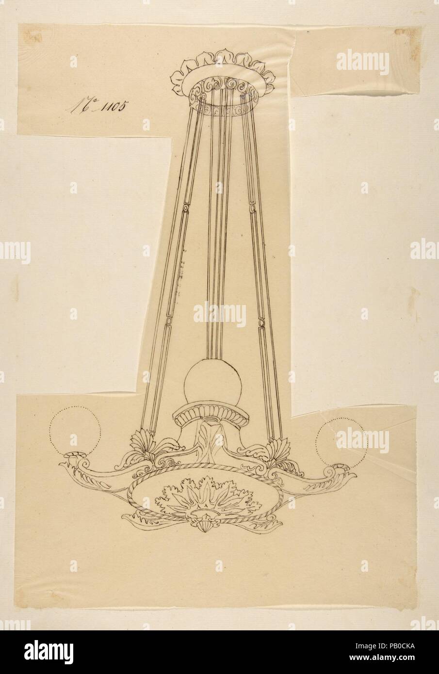 Design per un lampadario a bracci. Artista: Anonimo, francese del XIX secolo. Dimensioni: foglio: 14 x 9 5/8 in. (35,5 x 24,5 cm) tagliata in 'I' forma. Data: del XIX secolo. Museo: Metropolitan Museum of Art di New York, Stati Uniti d'America. Foto Stock