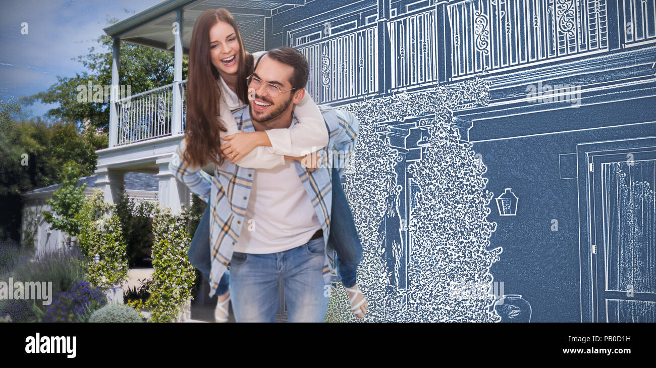 Immagine composita di lunghezza completa di uomo donna piggybacking mentre sorridente Foto Stock