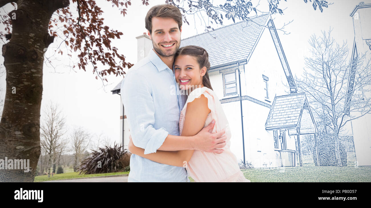 Immagine composita di attraente coppia giovane costeggiata e sorridente in telecamera Foto Stock