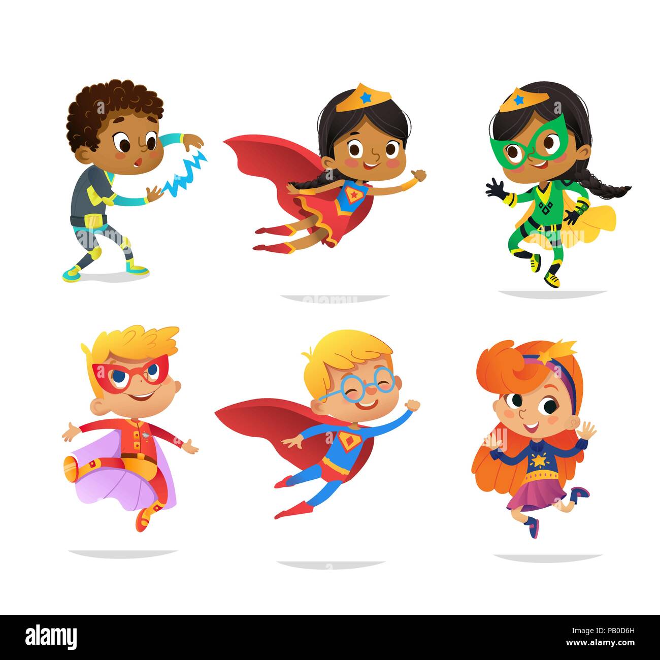 E multirazziale i ragazzi e le ragazze che indossano costumi colorati di varie supereroi, isolato su sfondo bianco. Cartoon caratteri vettoriali di capretto supereroi, per party, inviti, web, mascotte Illustrazione Vettoriale