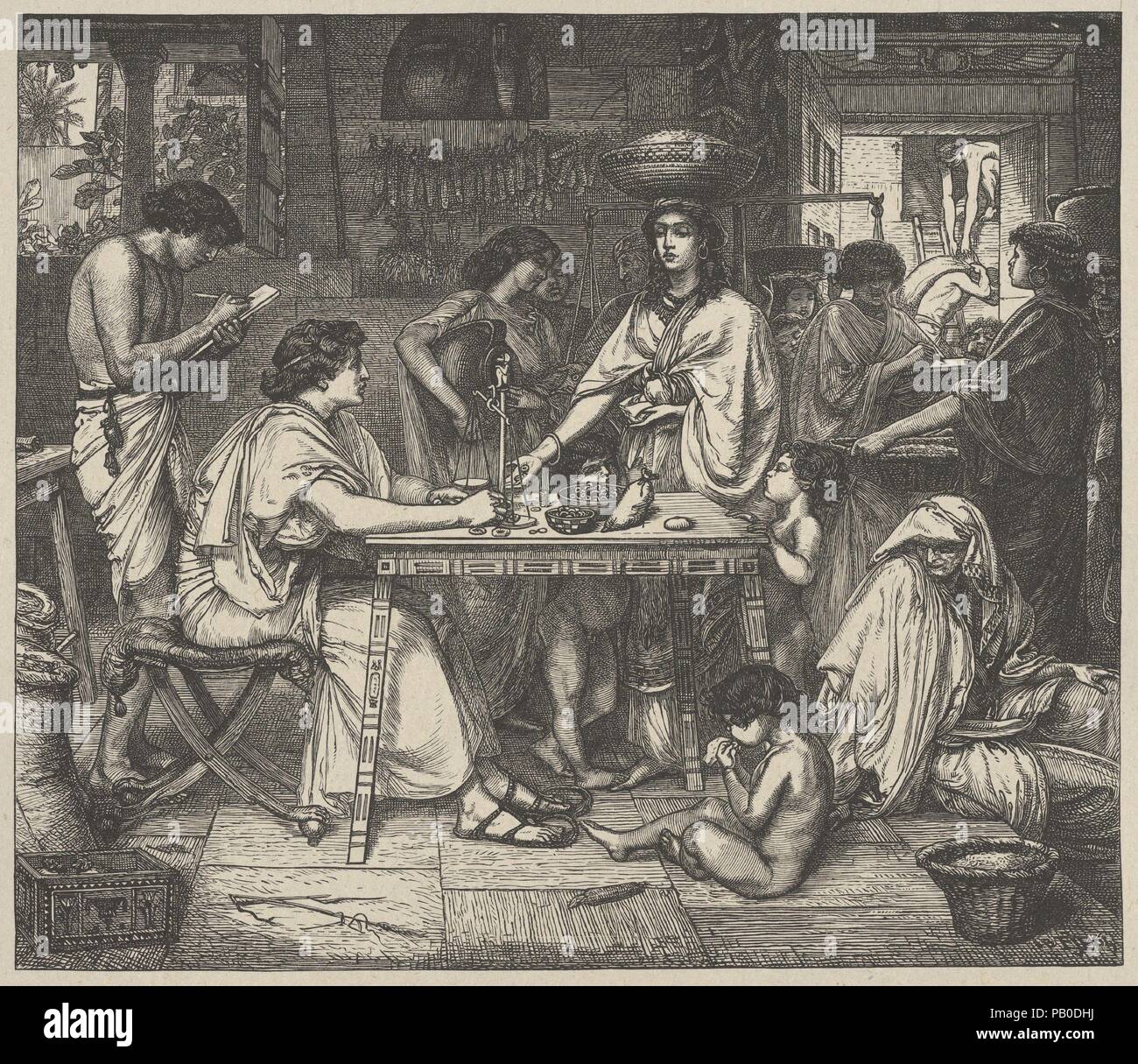 Giuseppe distribuisce il mais (Dalziels' La Bibbia Gallery). Artista: Dopo Sir Edward John Poynter (britannico nato (Francia), Parigi 1836-1919 Londra). Dimensioni: Immagine: 6 5/16 x 7 1/4 in. (16 × 18,4 cm) India foglio: 8 7/16 x 9 1/4 in. (21,5 × 23,5 cm) Montaggio: 16 7/16 in. × 12 15/16 in. (41,8 × 32,8 cm). Incisore: Dalziel fratelli (British, active 1839-1893). Stampante: Camden premere (British, Londra). Editore: Scribner e Welford (New York, NY). Data: 1864-81. Museo: Metropolitan Museum of Art di New York, Stati Uniti d'America. Foto Stock