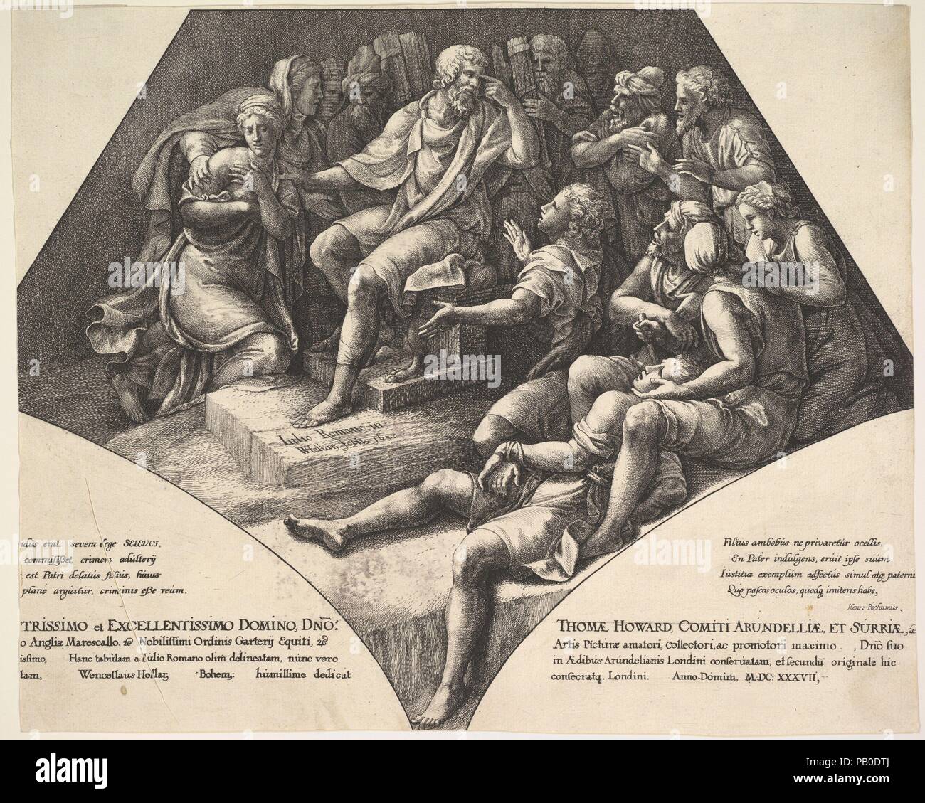 Zaleucus (Seleucus) e suo figlio. Artista: Dopo Giulio Romano (Italiano, Roma 1499?-1546 Mantova). Dimensioni: foglio: 10 15/16 × 13 7/16 in. (27,8 × 34,2 cm) tagliata in immagine e testo in corrispondenza dei due lati. Incisore: Wenceslaus Hollar (boemo, Praga 1607-1677 Londra). Data: 1637. Zaleucus e suo figlio; Zaleucus seduto rivolto a destra, puntando con la sua mano sinistra al suo occhio sinistro, ponendo la mano destra sulla spalla di una donna inginocchiata a sinistra; il suo figlio giacente legato in primo piano con uomo con coltello per il suo occhio; lictors dietro, uomini e donne intorno, all'interno di pentagono irregolare con il testo di seguito; dopo Giulio Foto Stock