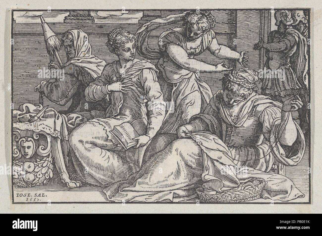 Lucretia istruire le sue figlie in ricamo da Giovanni Ostaus, La vera perfettione del disegno di varie sorte di recami (Venezia, 1557). Artista: Giuseppe Salviati (Giuseppe Porta detto il Salviati) (italiano, Castelnuovo di Garfagnana ca. 1520-ca. 1575 Venezia). Dimensioni: foglio: 3 11/16 × 5 9/16 in. (9,3 x 14,2 cm). Pubblicato in: Venezia. Data: 1557. Un argomento tra i generali del tiranno romano Tarquin circa la cui moglie era il più casto ha portato ad una visita a sorpresa a Roma, dove gli uomini hanno scoperto che le loro donne erano niente di buono. Solo la bella Lucrezia, moglie del Col. Foto Stock