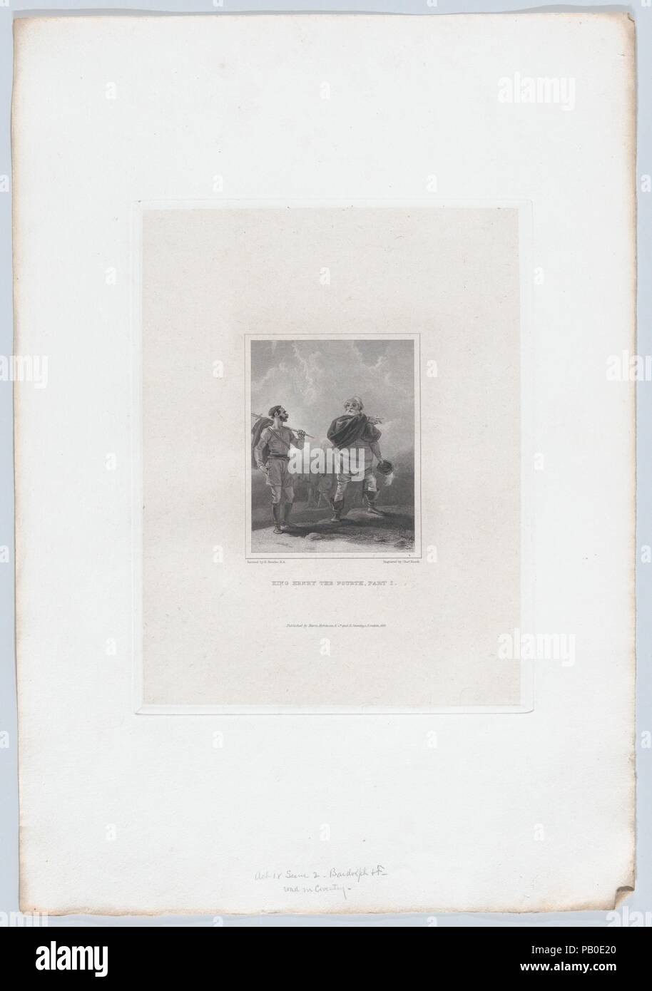 Falstaff e Bardolfo, su una strada vicino a Coventry (Shakespeare, il re Enrico IV, parte I, atto 4, scena 2). Artista: Dopo Robert Smirke (British, Wigton, Cumberland 1752/53-1845 Londra). Dimensioni: Piastra: 9 3/4 x 7 5/8 in. (24,8 × 19,4 cm) foglio: 17 1/8 × 11 3/4 in. (43,5 × 29,8 cm). Incisore: Charles Heath, il sambuco (British, Londra Londra 1785-1848). Editore: Hurst, Robinson & Co. (Londra); Robert Jennings, Londra. Oggetto: William Shakespeare (British, Stratford-upon-Avon 1564-1616 Stratford-upon-Avon). Data: 1825. Museo: Metropolitan Museum of Art di New York, Stati Uniti d'America. Foto Stock