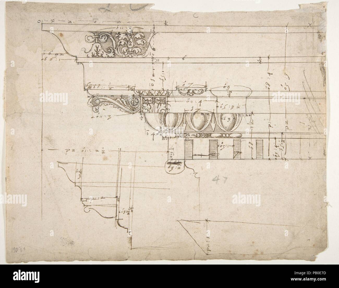 Arco dei Pantani, Foro di Augusto, cornicione elevazione; elevazione schematica (recto) Tempio di Apollo Sosiano, con base a colonna, elevazione (verso). Dimensioni: foglio: 9 5/16 x 11 9/16 in. (23,7 x 29,3 cm). Relatore per parere: disegnato da anonimo, francese, del XVI secolo. Serie/Portfolio: Goldschmidt Scrapbook. Data: inizio alla metà del XVI secolo. Museo: Metropolitan Museum of Art di New York, Stati Uniti d'America. Foto Stock