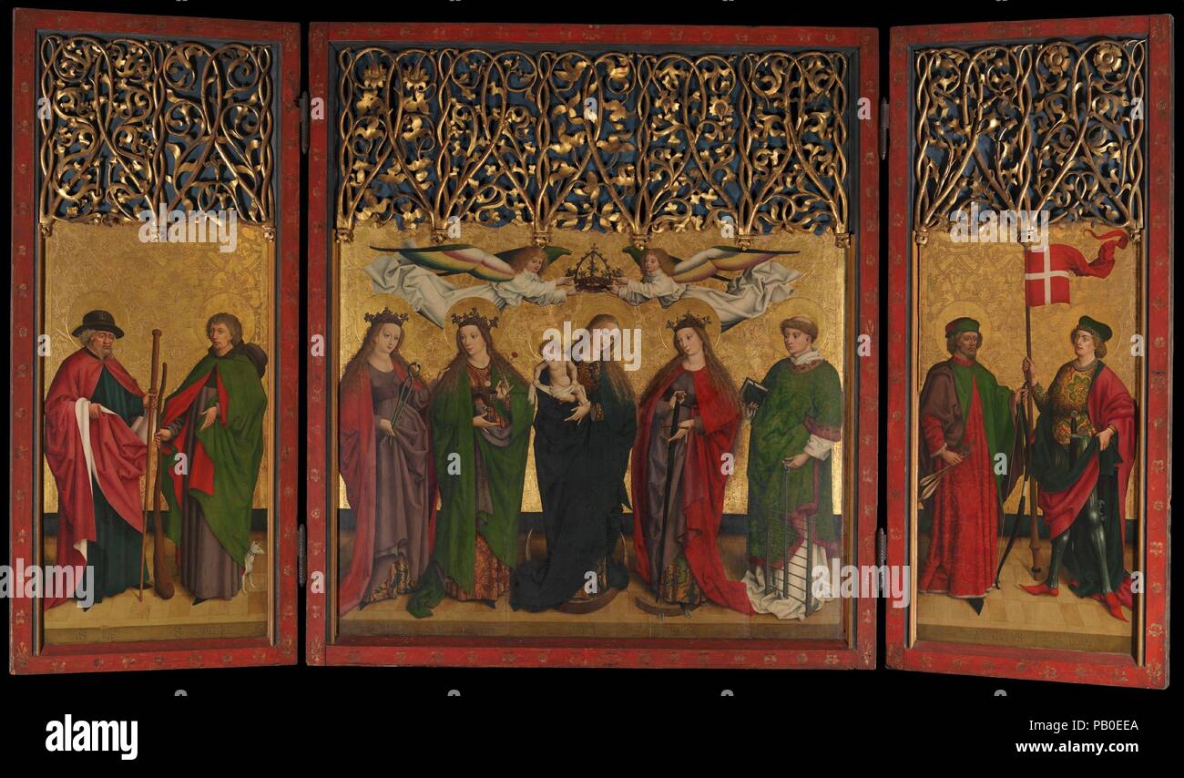 Il Burg Weiler altare trittico (pala con la Vergine e il Bambino e i santi). Artista: Master di Burg Weiler pala (tedesco, Medio Renania, ca. 1470). Cultura: tedesco. Dimensioni: pannello centrale: 68 1/2 x 60 in. (174 x 152,4 cm); ciascuna ala; 68 1/2 x 26 in. (174 x 66 cm). Data: ca. 1470. Questa imponente e ben conservato pala raggiunga la monumentalità attraverso la modellazione e la scala delle figure principali. Il raggruppamento di queste figure in un fregio-come disposizione e i modelli di ripetizione del pavimento e uno sfondo forniscono l'unità. I santi su entrambi i lati della Vergine ar Foto Stock