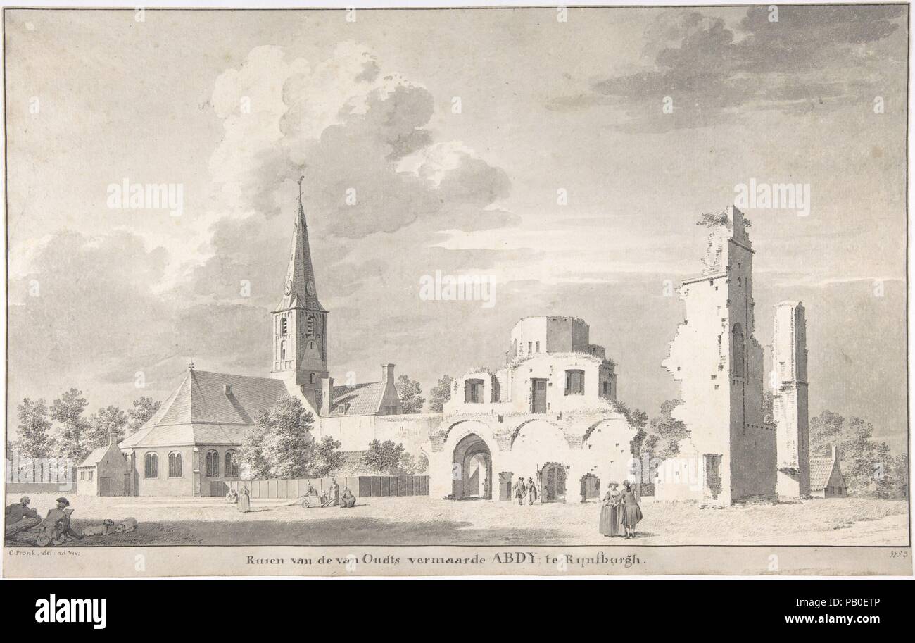 La Chiesa e le rovine di Rijnsburg, visto da nord-est. Artista: Cornelis Pronk (Olandese, 1691-1759 Amsterdam Amsterdam). Dimensioni: foglio: 11 1/16 x 17 9/16 in. (28,1 x 44,6 cm). Data: 1753. Museo: Metropolitan Museum of Art di New York, Stati Uniti d'America. Foto Stock