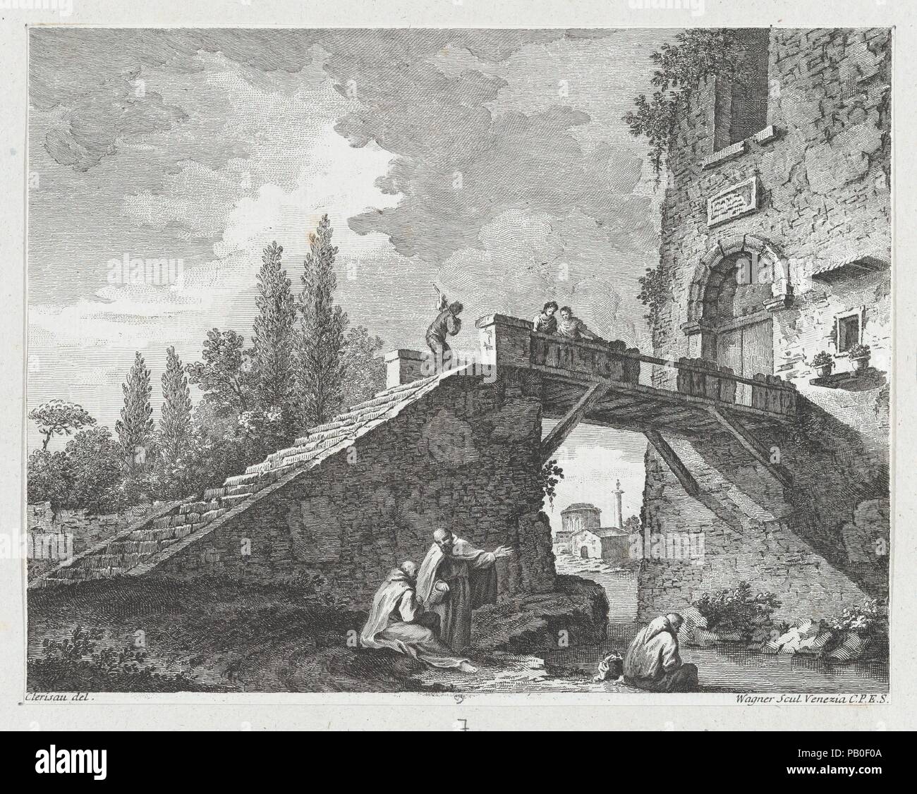 Paesaggio con ponte. Artista: dopo Charles Louis Clérisseau (francese, Paris Auteuil 1721-1820). Artista e editore: Joseph Wagner (Italiano, 1706-1780 Thalendorf Venezia). Dimensioni: Foglio (rifilati): 9 1/8 × 11 5/8 in. (23,2 × 29,5 cm). Pubblicato in: Venezia. Data: ca. 1750-70. Museo: Metropolitan Museum of Art di New York, Stati Uniti d'America. Foto Stock