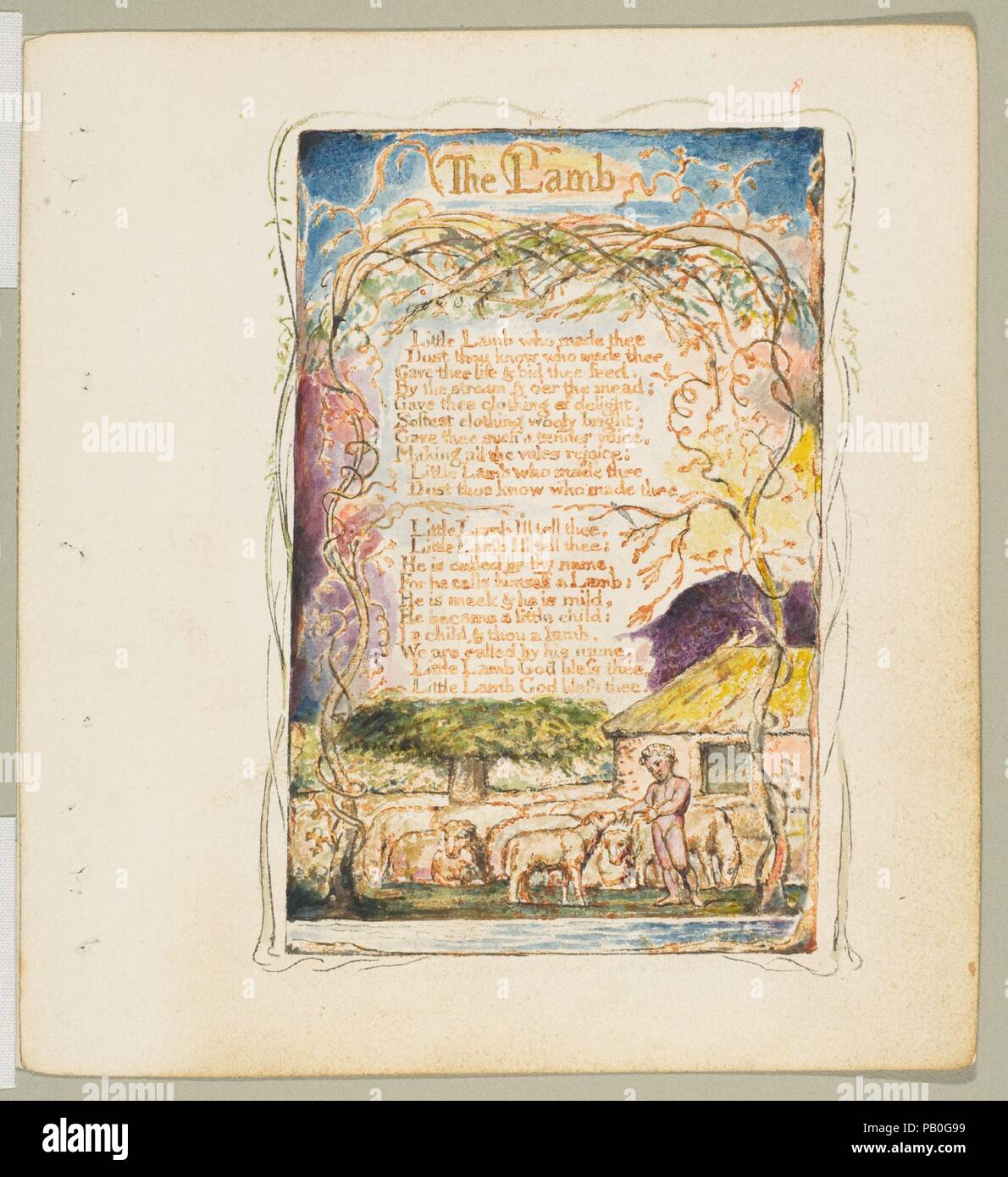 Canti di innocenza e di esperienza: l'Agnello. Artista: William Blake (British, Londra Londra 1757-1827). Dimensioni: foglio: 6 3/16 x 5 9/16 in. (15,7 x 14,1 cm). Data: ca. 1825. Museo: Metropolitan Museum of Art di New York, Stati Uniti d'America. Foto Stock