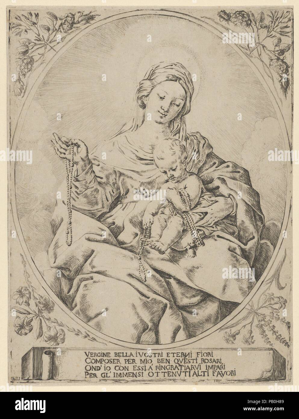 La Vergine seduto tenendo un rosario nella mano destra, il neonato Cristo sul suo giro tenendo molti rosari, in una cornice ovale con fiori che la circondano e una compressa con iscrizione alla base. Artista: Anonimo; dopo Guido Reni (italiano, Bologna 1575-1642 Bologna). Dimensioni: Foglio (rifilati): 10 5/16 × 7 13/16 in. (26,2 × 19,8 cm). Data: del xvii secolo. Museo: Metropolitan Museum of Art di New York, Stati Uniti d'America. Foto Stock