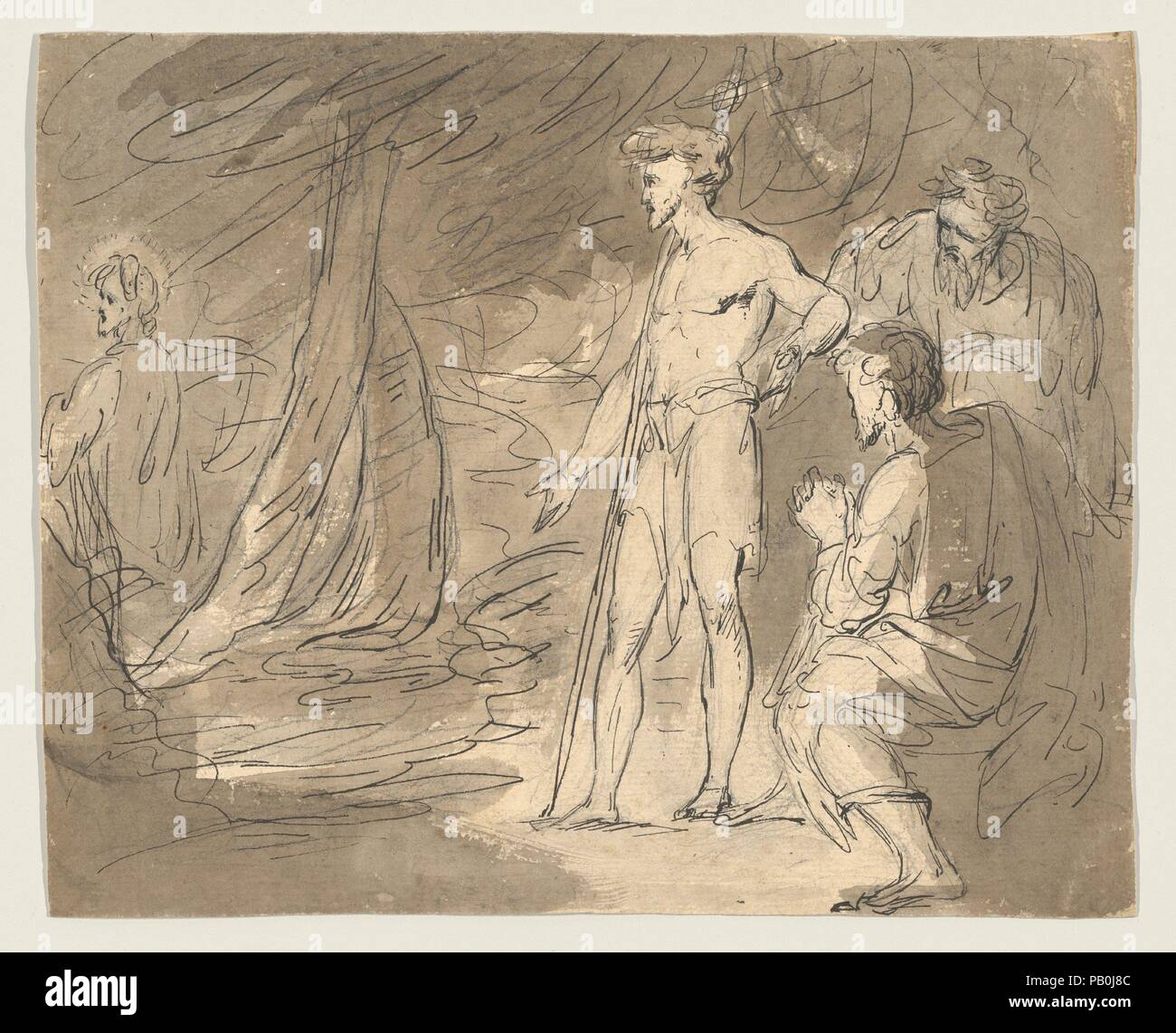 Giovanni il Battista e due uomini con Cristo. Artista: William Hamilton (British, Londra Londra 1751-1801). Dimensioni: foglio: 10 1/8 × 12 7/16 in. (25,7 × 31,6 cm). Data: 1770-80. Hamilton apparteneva a una generazione determinata ad ampliare il campo delle arti in Gran Bretagna. Ha viaggiato a Roma come un adolescente per studiare con Antonio Zucchi, ritornò in Inghilterra per rendere pitture decorative per Robert Adam, quindi iscritto alla Royal Academy scuole nel 1769. Da questo punto in avanti si è focalizzato sullo storico e letterario, insieme con il ritratto. Questo disegno precoce può riferirsi a linee nel capitolo 3 di Matt Foto Stock