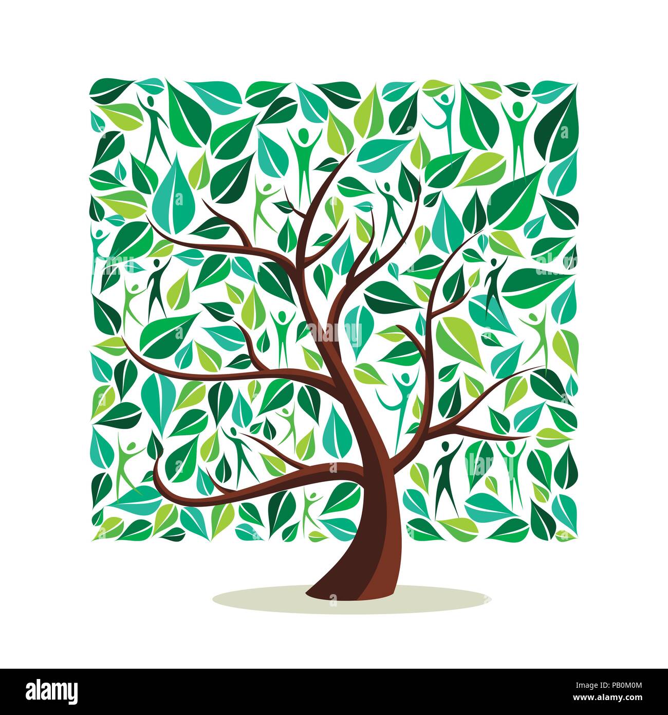 Albero fatto di foglie verdi con le persone in forma quadrata. Concetto di natura, comunità di assistenza o di cure campagna. EPS10 vettore. Illustrazione Vettoriale