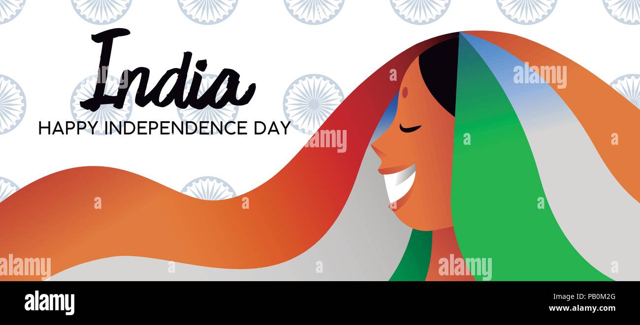 India Independence Day celebrazione banner web. Felice indian donna sorridente con bandiera tradizionale abito di colore e Bindi. EPS10 vettore. Illustrazione Vettoriale