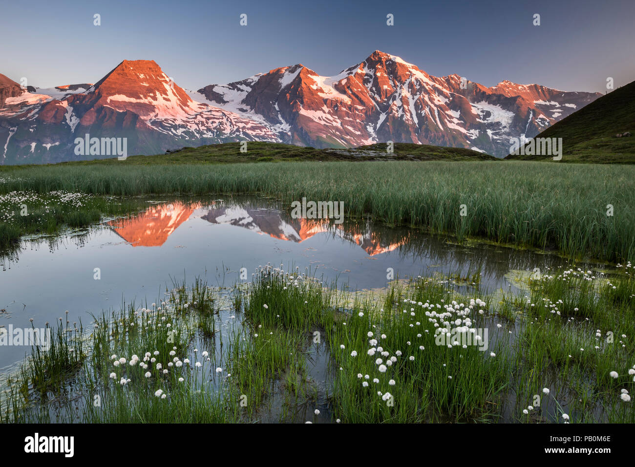 Picchi di montagna sono riflesse in un piccolo stagno, sunrise, Hohe Dock, Vorderer Bratschenkopf, Großer Wiesbachhorn Foto Stock