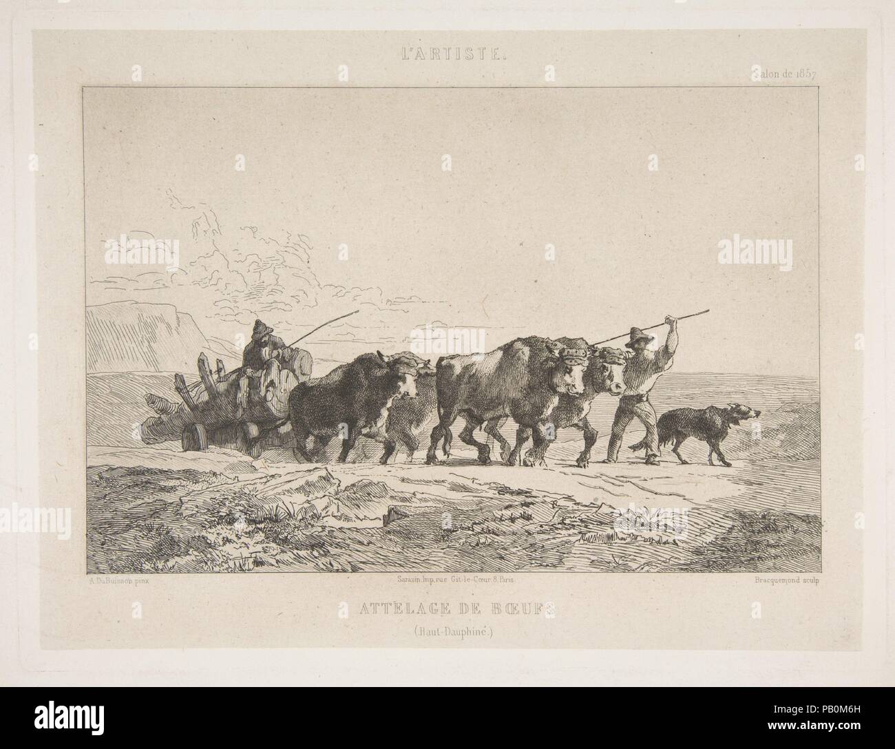 Attelage de boeufs (Haut-Dauphiné). Artista: Alexandre Dubuisson (francese, Lione 1805-1870 Versailles). Dimensioni: foglio: 9 5/16 × 12 5/16 in. (23,7 × 31,2 cm) Piastra: 7 5/16 x 9 5/8 in. (18,5 × 24,4 cm). Incisore: Félix Bracquemond (francese, Parigi 1833-1914 Sèvres). Stampante: Imprimerie Sarazin (Parigi, attivo del XIX secolo). Data: 1857. Museo: Metropolitan Museum of Art di New York, Stati Uniti d'America. Foto Stock