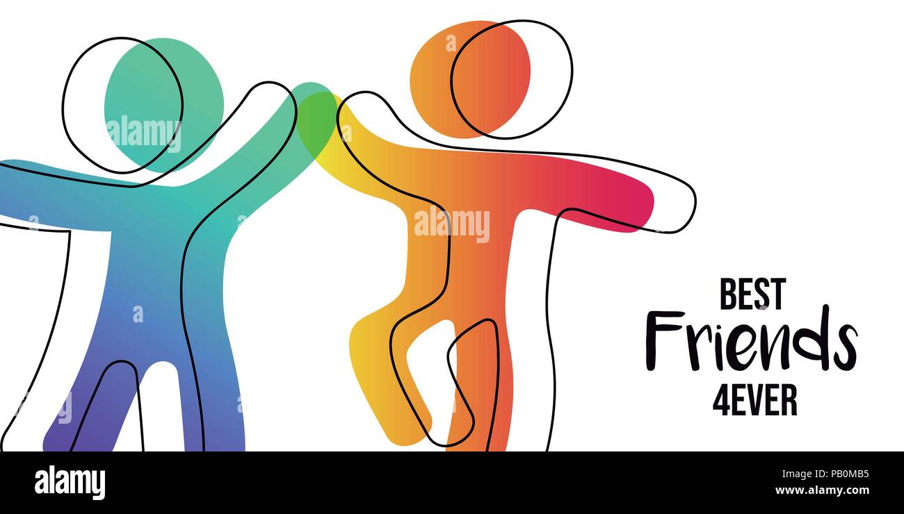 Felice amicizia giorno banner web. Amici facendo alta cinque per un evento speciale celebrazione in semplice stick figura arte stile con il migliore amico per sempre il preventivo Illustrazione Vettoriale