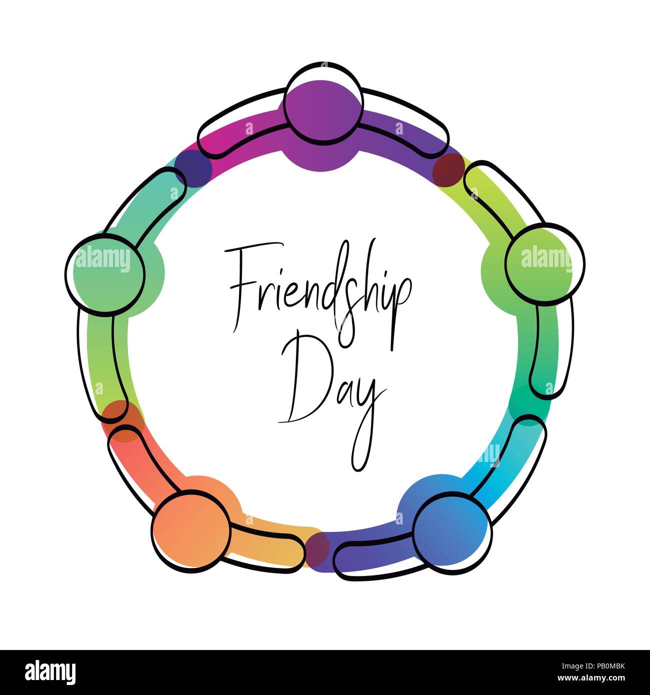 Felice amicizia giorno biglietto di auguri. Amici facendo gruppo abbraccio dalla parte superiore angolo di vista e colorati di diverse persone team per un evento speciale celebrazione. EPS10 vec Illustrazione Vettoriale