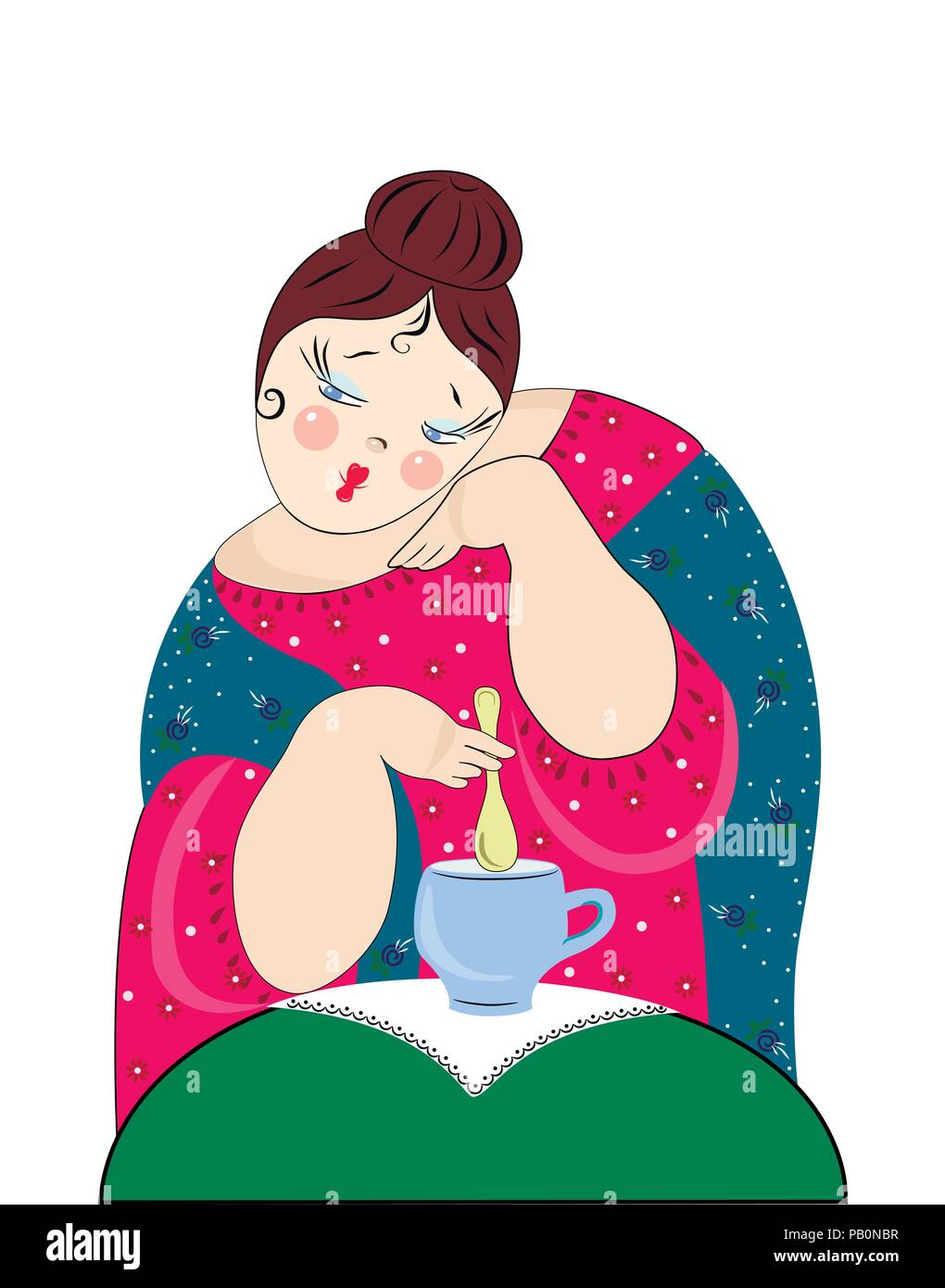 Un disegno piatto di una donna che beve il tè. Un fazzoletto blu è drappeggiato sulle spalle. Bere tè e caffè. Disegno artistico. Vettore Illustrazione Vettoriale