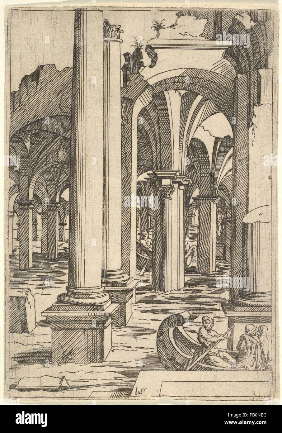 Barche remando attraverso sommersi rovine. Artista: Virgilio Solis (tedesco, (?) 1514-1562 Norimberga); dopo Jacques Androuet Du Cerceau (francese, Parigi 1510/12-1585 Annecy); dopo Thiry Leonard (Netherlandish, attivo Fontainebleau ca. 1536-1550). Dimensioni: foglio: 5 7/8 x 4 1/8 in. (15 x 10,4 cm). Serie/Portfolio: serie di rovine architettoniche con figure in retromarcia dopo la stampa di Jacques Androuet Ducerceau dopo Léonard Thiry. Data: ca. 1550-62. Museo: Metropolitan Museum of Art di New York, Stati Uniti d'America. Foto Stock