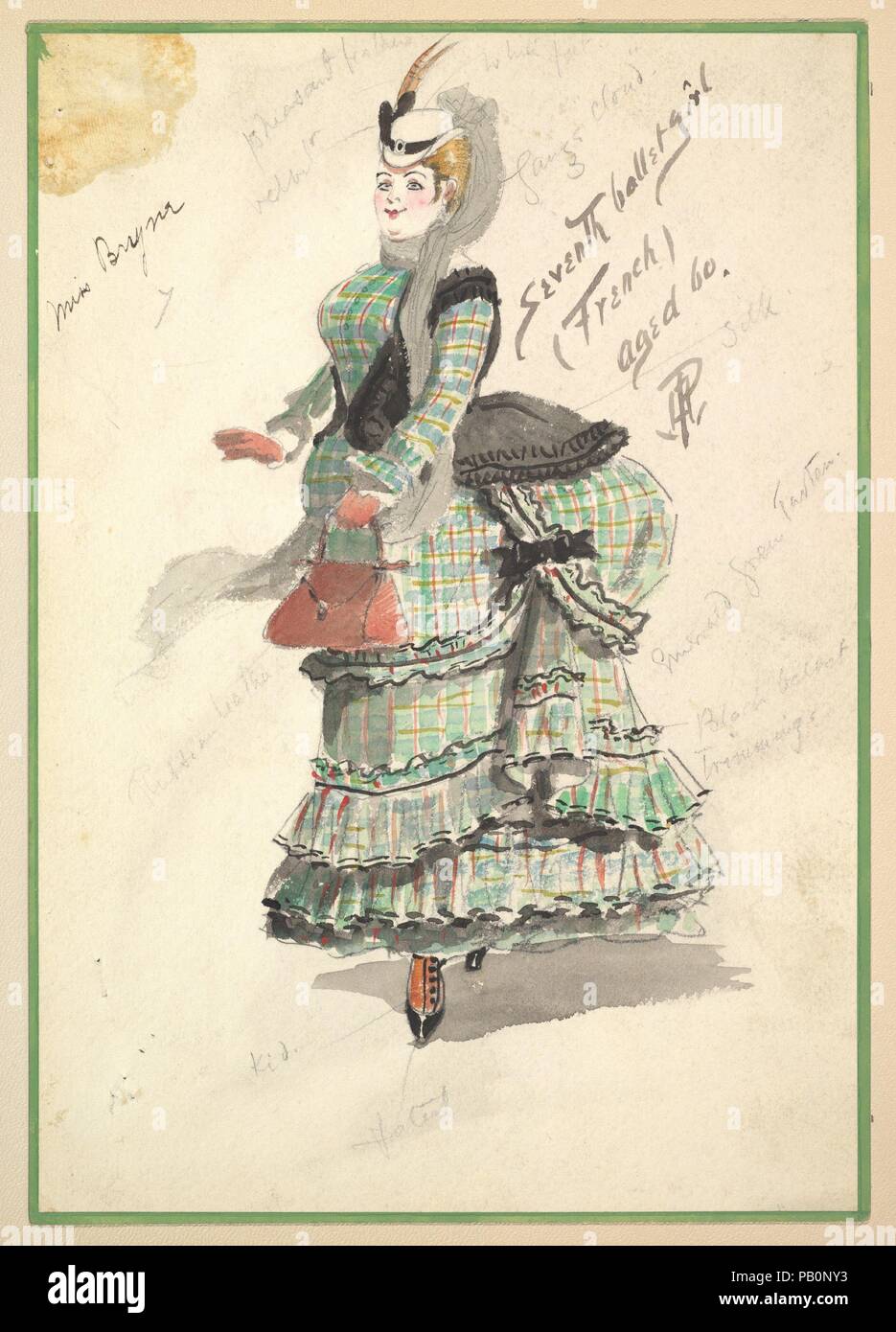 Costume Design per 'settima Ballet Girl (Francese) di età compresa tra i 60'. Artista: Percy Anderson (British, 1850/51-1928 Londra). Dimensioni: complessivo: 11 1/2 x 8 5/8 x 1 3/16 in. (29,2 x 21,9 x 3 cm). Data: 1901. Progettazione per il costume per 'settima Ballet Girl (Francese) di età compresa tra i 60' per il gioco "Captain Jinks del cavallo Marines'. 'Settima Ballet Girl' viene visualizzato nella vista in tre quarti rivolto verso sinistra. Indossa un tartan verde combinato abito di velluto nero passamaneria e un giubbotto di nero. Indossa un corpetto stretto con un Victorian pettinature gonna. Indossa un cappello bianco con Piume fagiano, rosso guanti, un Foto Stock
