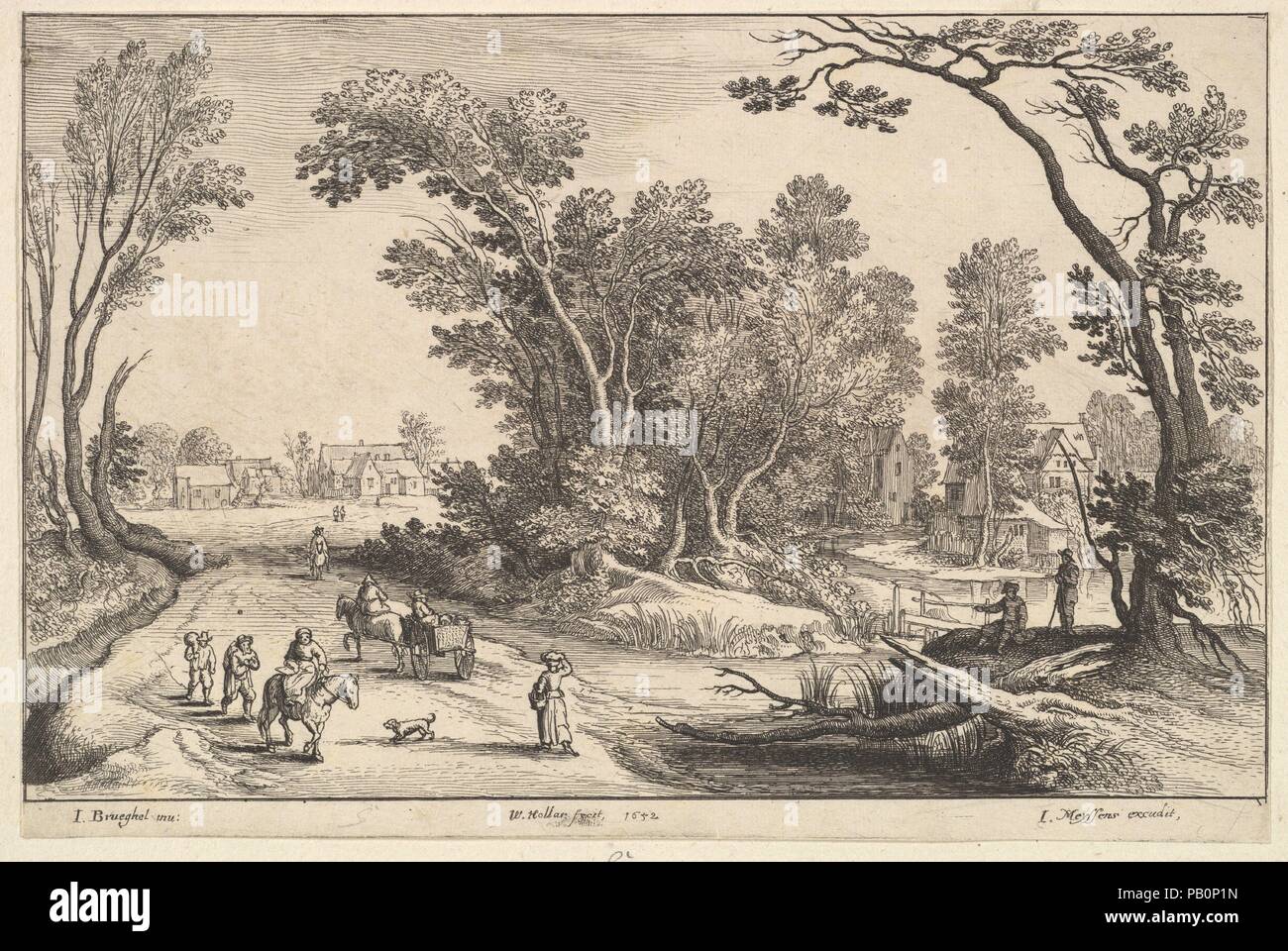 Andare al mercato. Artista: Dopo Jan Brueghel il Vecchio (Netherlandish, Bruxelles 1568-1625 Anversa). Incisore: Wenceslaus Hollar (boemo, Praga 1607-1677 Londra). Data: 1652. Due uomini sotto albero in primo piano sulla destra guardando road con carrello e contadini che trasportano i cestini e sacchi; villaggio sullo sfondo a sinistra; river cottages e alberi sulla destra. Museo: Metropolitan Museum of Art di New York, Stati Uniti d'America. Foto Stock