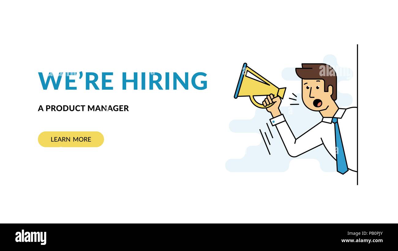 Stiamo assumendo un product manager. Concetto di piatto vettore modello di sito web e landing page design del datore di lavoro maschio urlando nel megafono su assunzioni pr Illustrazione Vettoriale