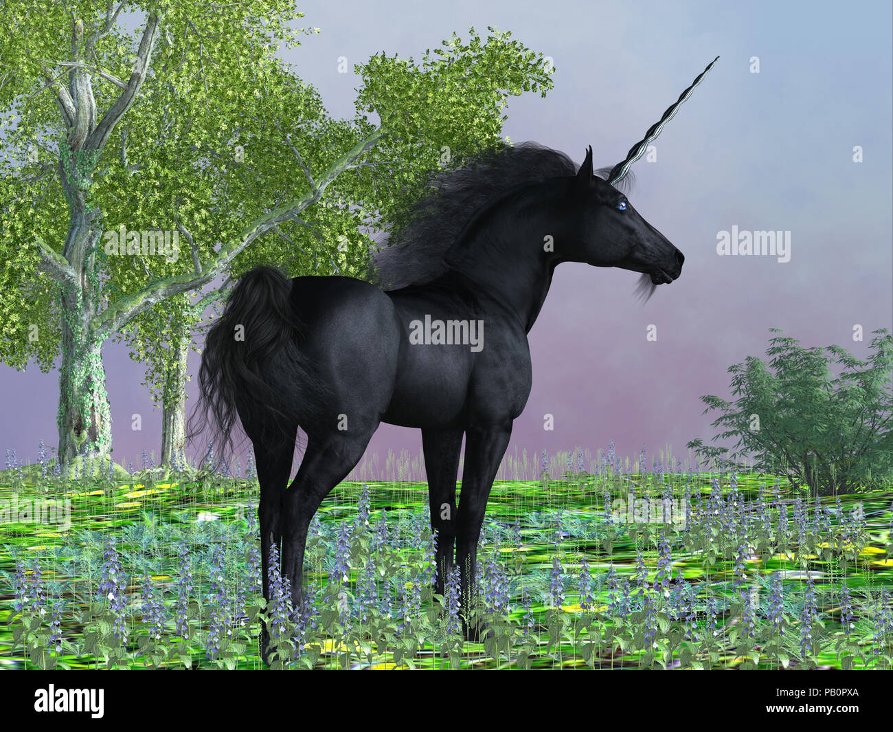 Bellezza nera Unicorn - Viola fiori circondano una splendida satin nero unicorn con un fronte corno e selvaggi zoccoli. Foto Stock